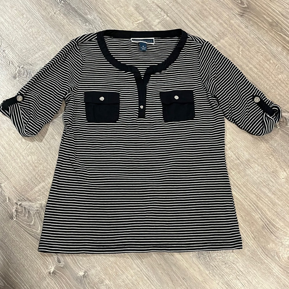 Karen Scott Stripe Military 3/4 Sleeve Shirt